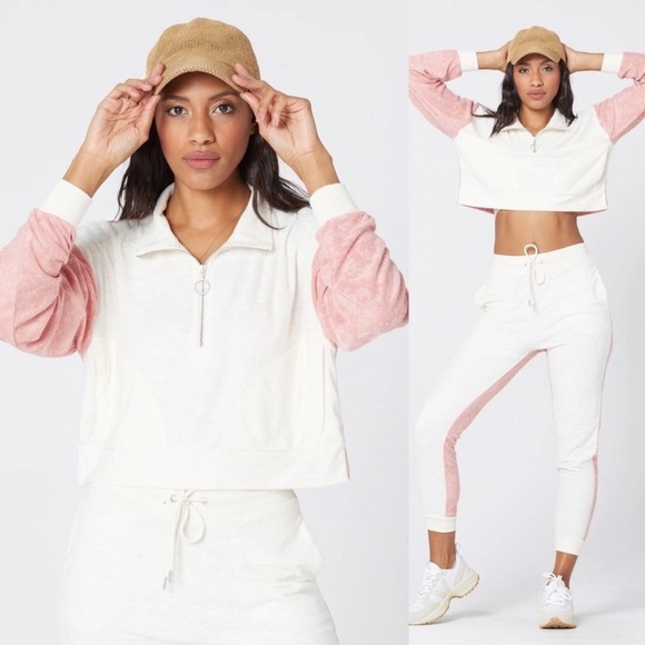 L*Space Best Life Crop Pullover Half Zip TerryCloth Pink Ivory Top NEW Sz XS - Picture 1 of 13